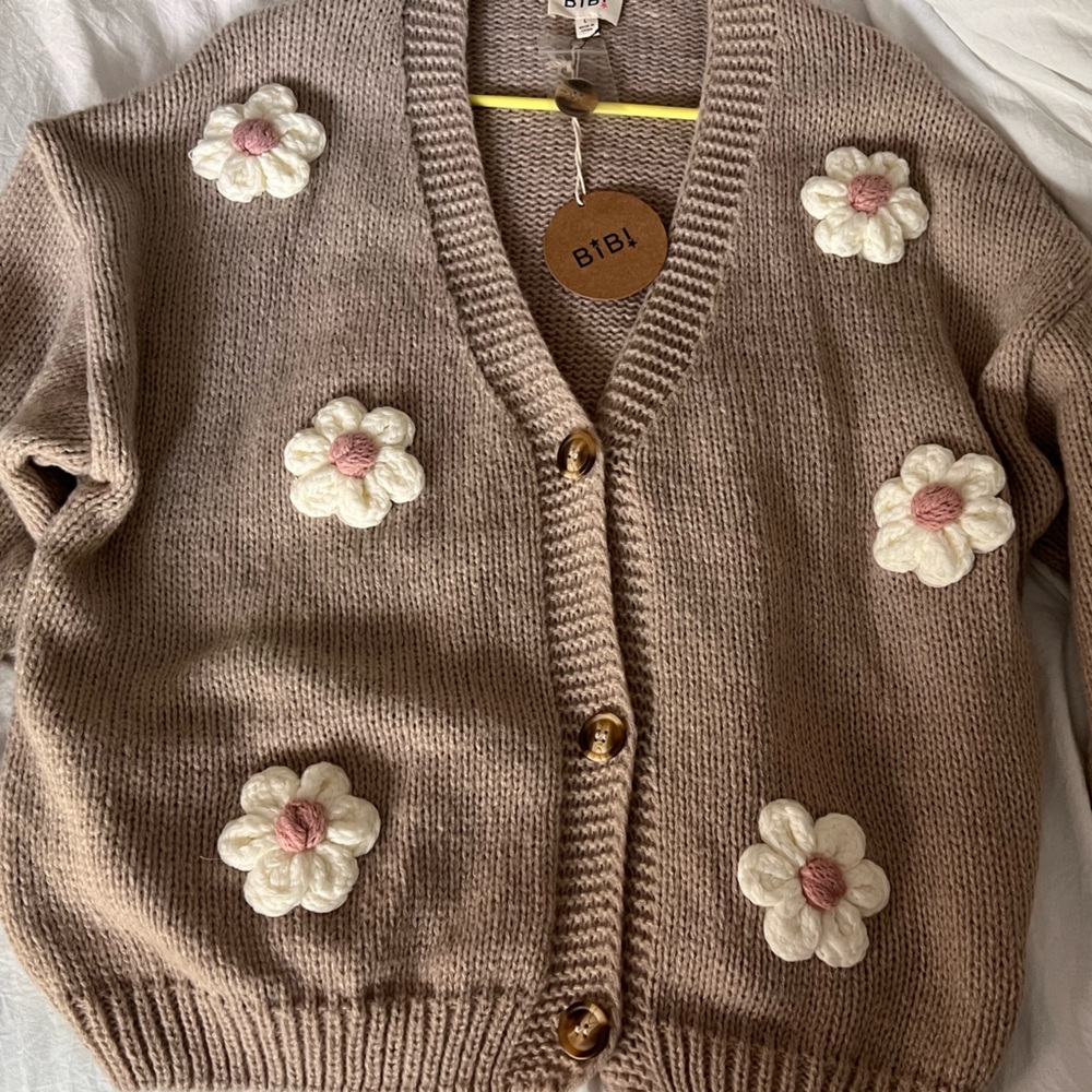 BiBi Tan Cardigan with Floral Accents